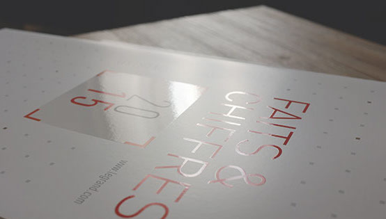 Photographie de la couverture du document corporate Faits & Chiffres 2015 du Groupe Legrand. Mise en valeur du vernis sélectif sur les lettres.