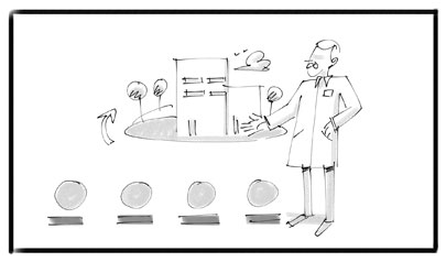 Storyboard d'un homme en blouse de travail qui présente l'usine de fabrication du produit sur mesure.